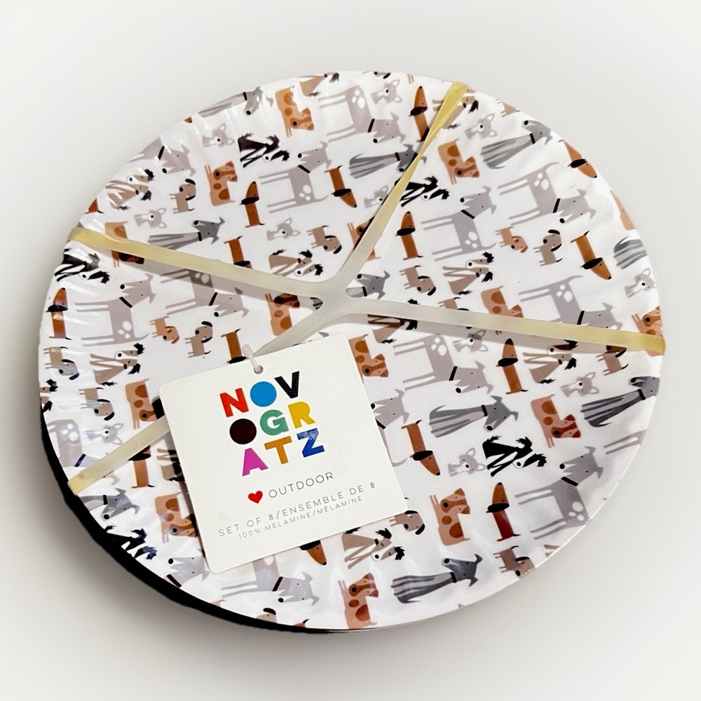 New Novogratz Set of 8 Dashchund Melamine Indoor Outdoor Plates‎ (11 Inch)